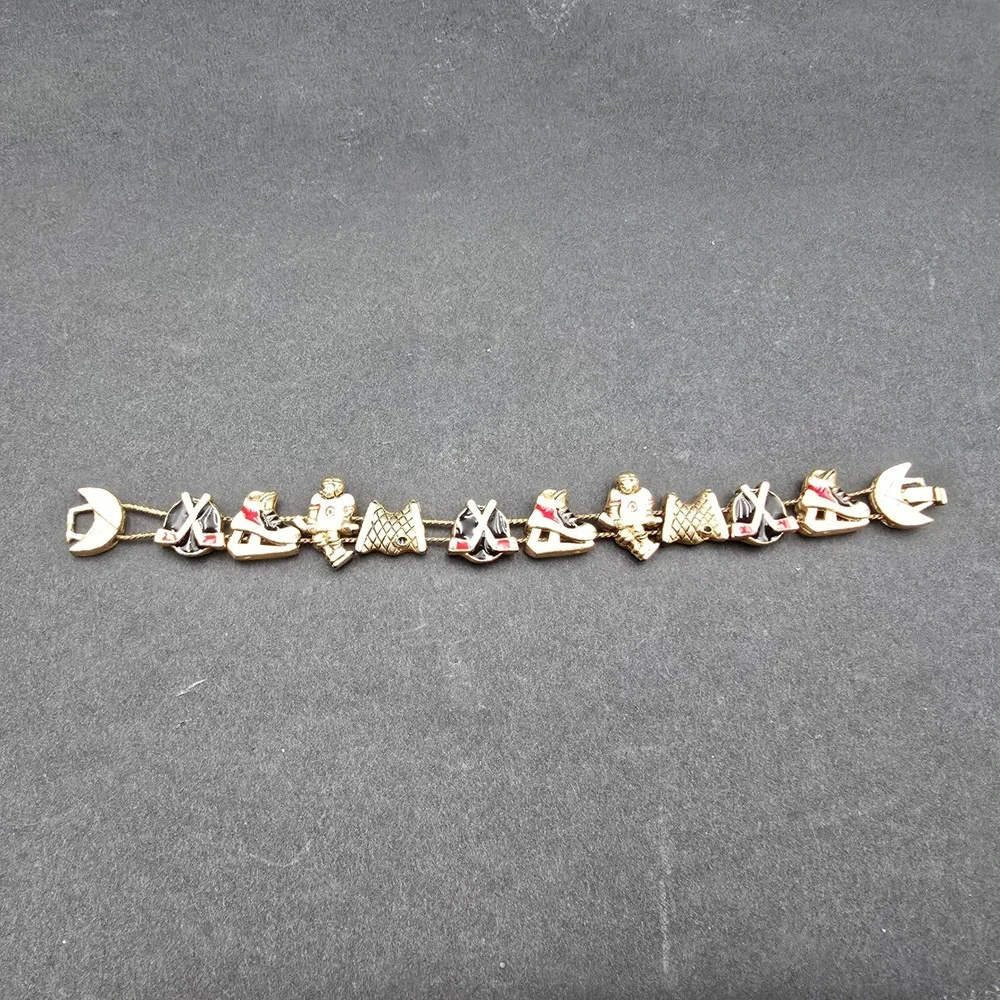 Vintage Gold Tone Ice Hockey Charm Bracelet Enamel Skates Player Net 7.25 Inch